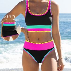 POPVIL Vibrant Women's Bikini Set with Neon Accents and Matching Skirt